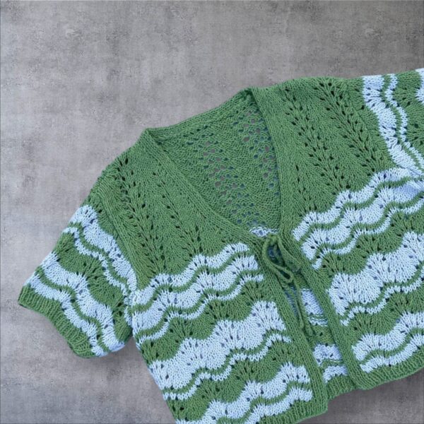 Handcrafted Olive Green & White Crochet Cardigan - Image 2