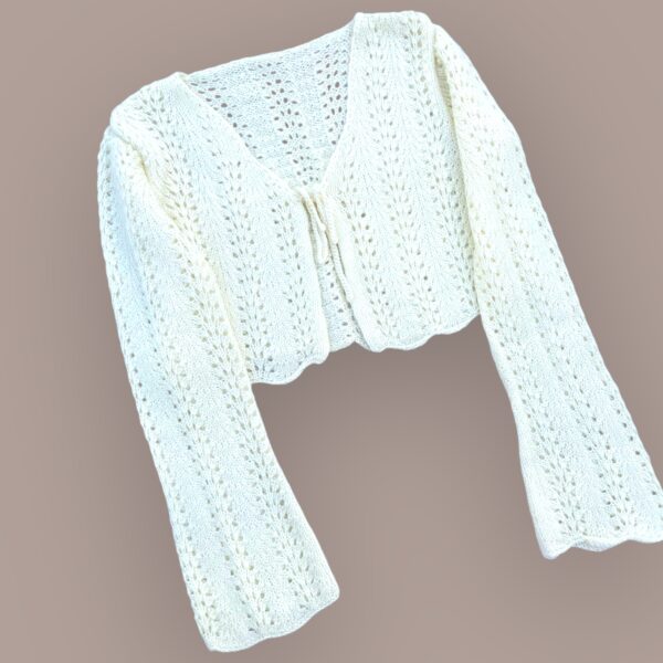 Elegant White Crochet Knit Cardigan with Bell Sleeves