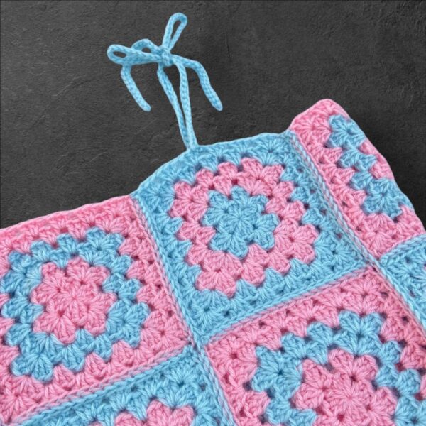 Handmade Crochet Patchwork Crop Top – Pink and Blue Boho Style - Image 2