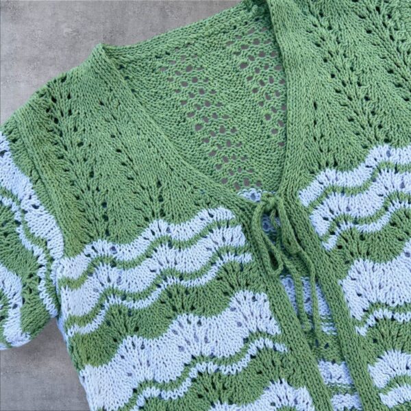 Handcrafted Olive Green & White Crochet Cardigan - Image 3