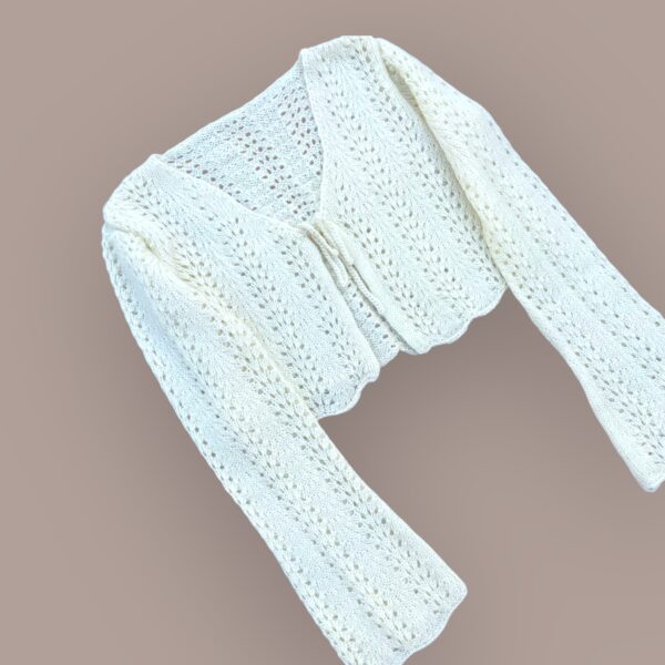 Elegant White Crochet Knit Cardigan with Bell Sleeves - Image 2