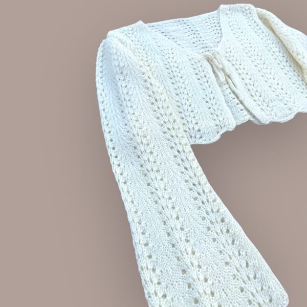 Elegant White Crochet Knit Cardigan with Bell Sleeves - Image 3