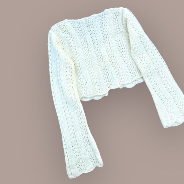 Elegant White Crochet Knit Cardigan with Bell Sleeves - Image 4