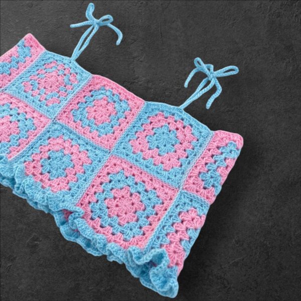 Handmade Crochet Patchwork Crop Top – Pink and Blue Boho Style - Image 4