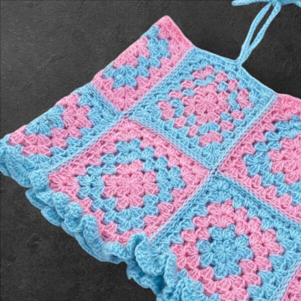 Handmade Crochet Patchwork Crop Top – Pink and Blue Boho Style - Image 3